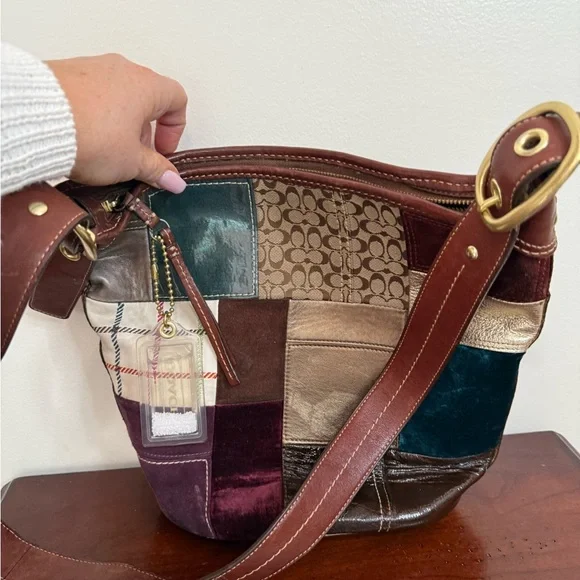 Coach Patchwork #11356 Shoulder/crossbody Bag - Brown, Green, Burgundy holiday - Picture 13 of 14